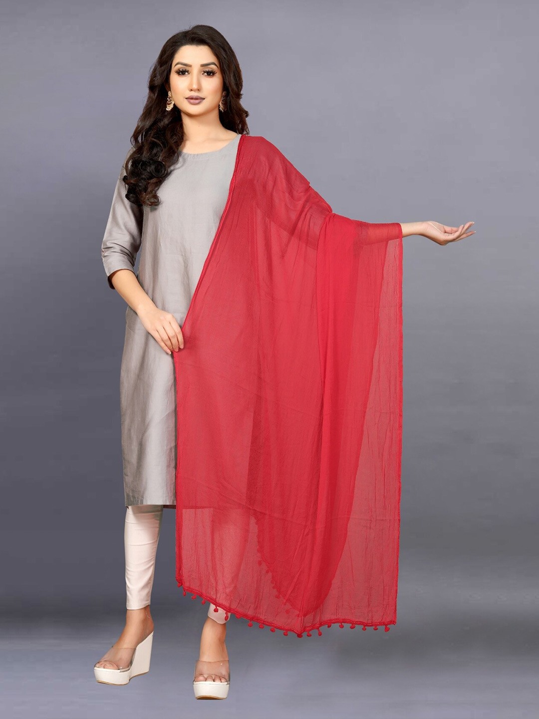 

APNISHA Solid Chiffon Dupatta With Pom Pom, Red