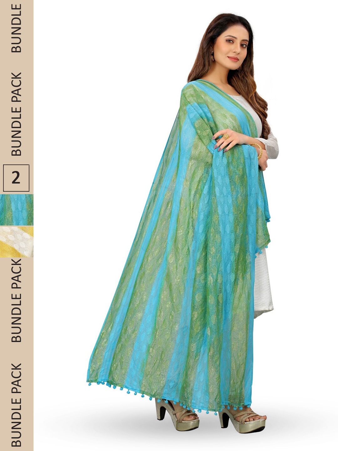 

APNISHA Pack Of 2 Striped Net Dupatta With Pom Pom, White