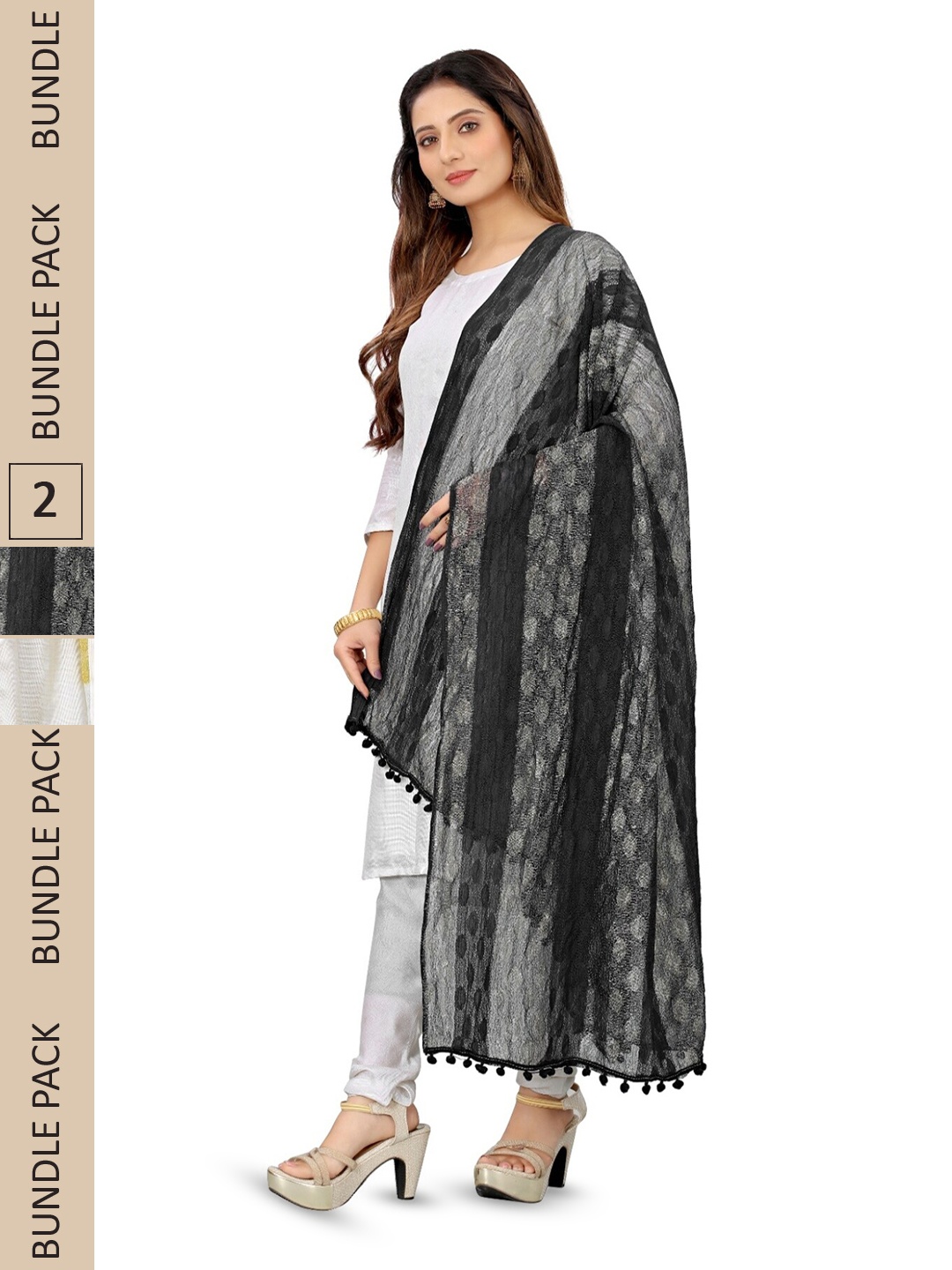 

APNISHA Pack Of 2 Striped Woven Design Dupatta With Tasselled Border, Black