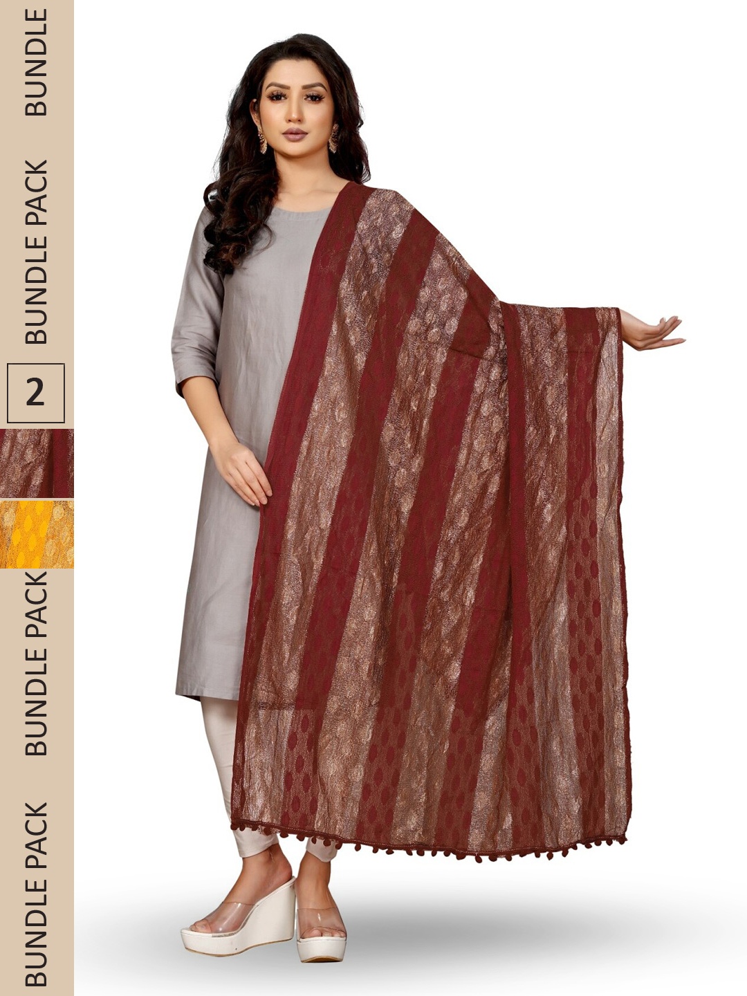 

APNISHA Pack Of 2 Woven Design Dupattas, Brown