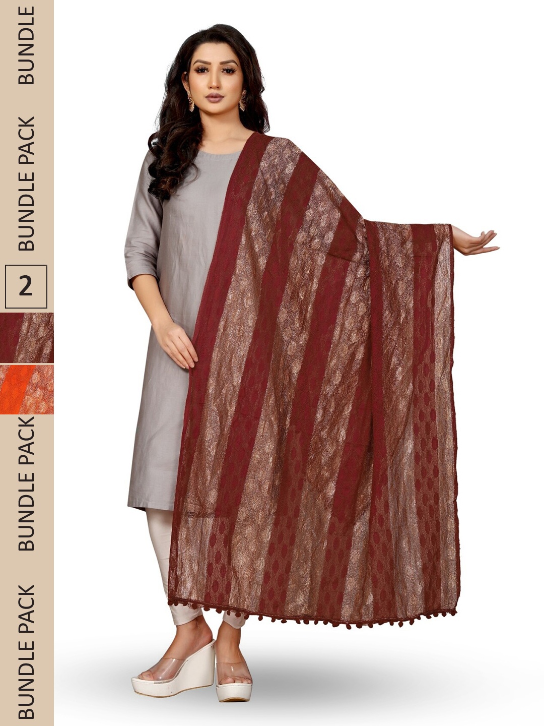 

APNISHA Pack Of 2 Striped Net Dupatta With Pom Pom, Brown
