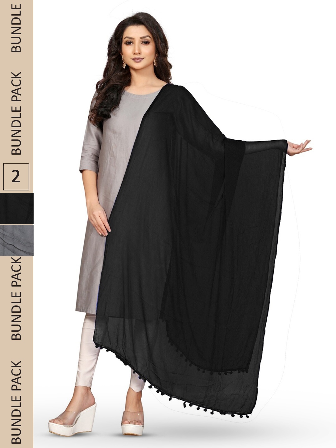 

APNISHA Pack Of 2 Solid Chiffon Dupatta, Black