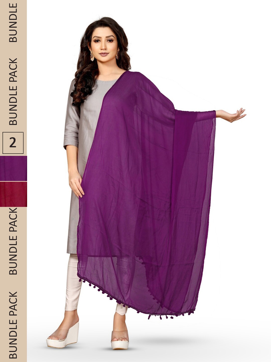 

APNISHA Pack Of 2 Tasselled Border Dupatta, Purple