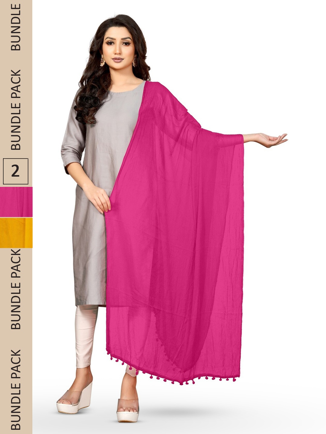 

APNISHA Pack Of 2 Solid Chiffon Dupatta With Pom Pom, Yellow