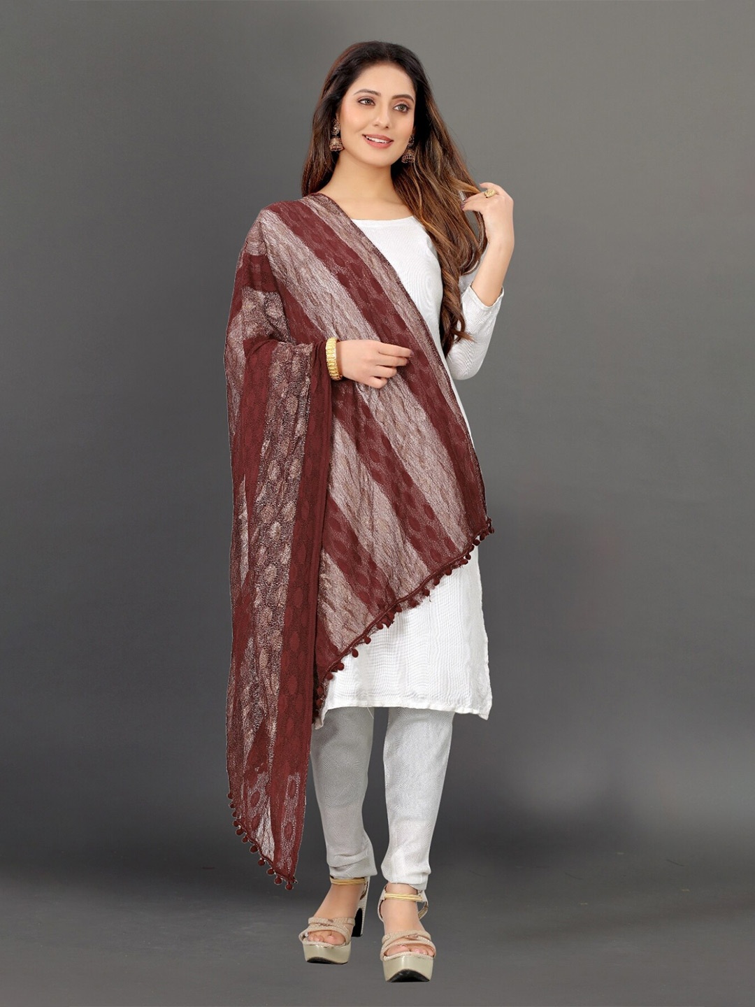 

APNISHA Striped Net Dupatta With Pom Pom, Brown