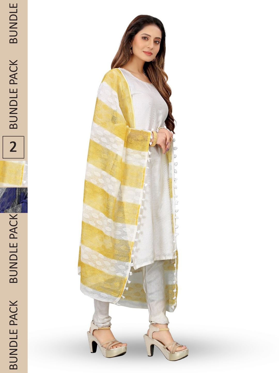 

APNISHA Pack Of 2 Striped Woven Design Dupatta, White