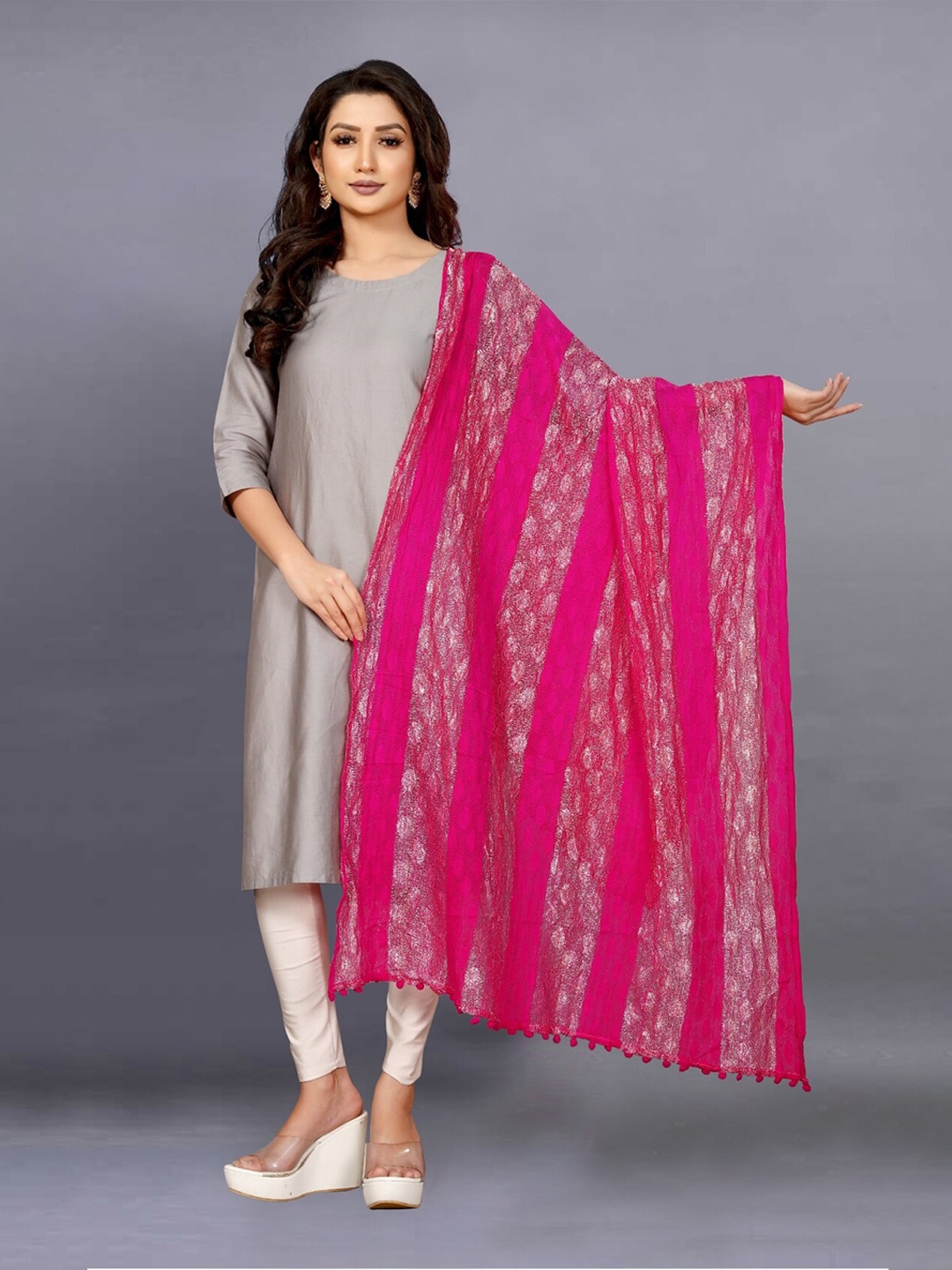 

APNISHA Striped Woven Design Dupatta, Pink