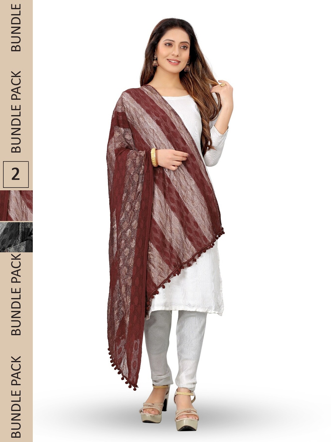 

APNISHA Pack Of 2 Woven Design Striped Dupatta With Zari, Brown
