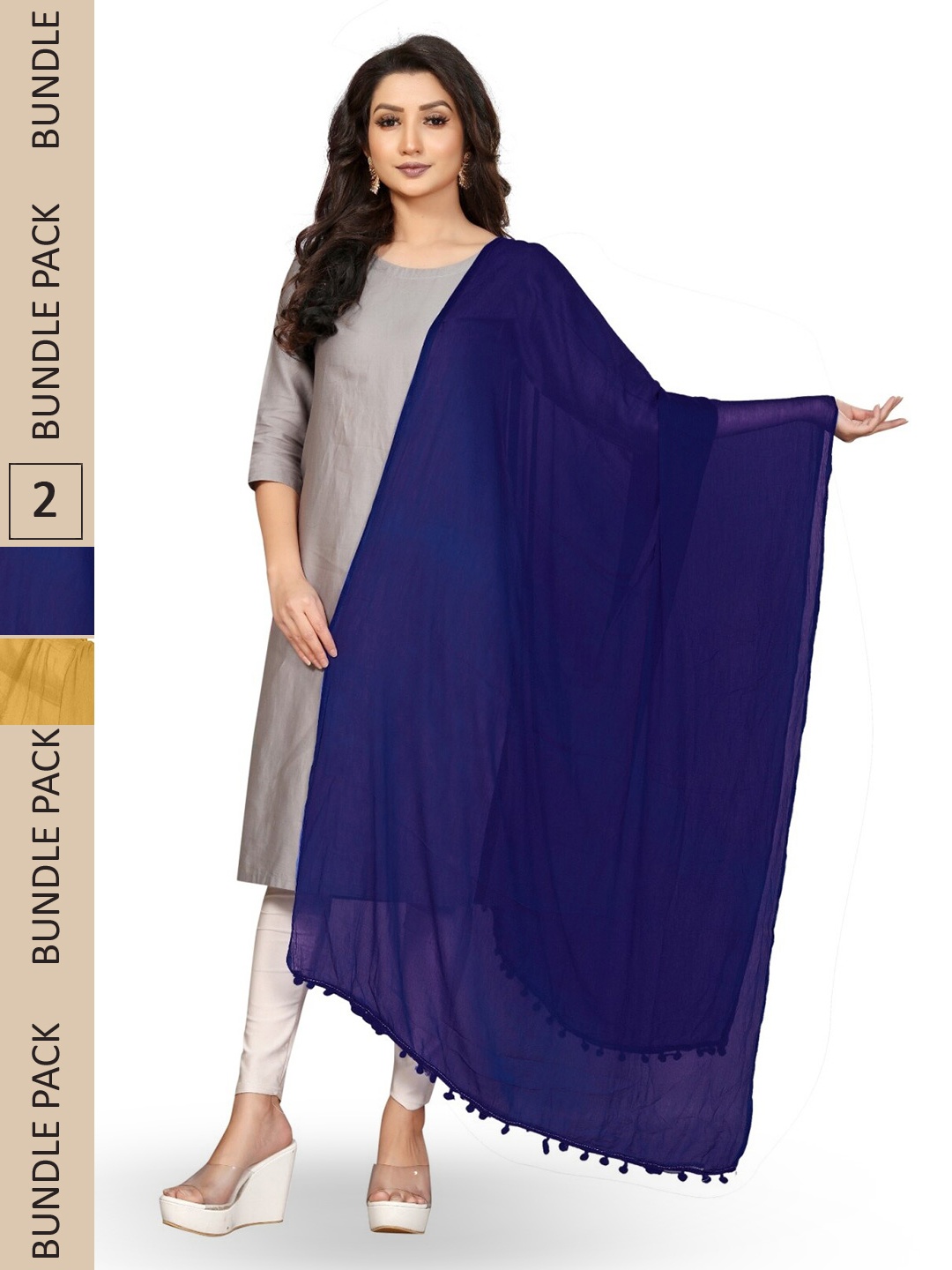 

APNISHA Pack Of 2 Solid Chiffon Dupatta With Pom Pom, Brown