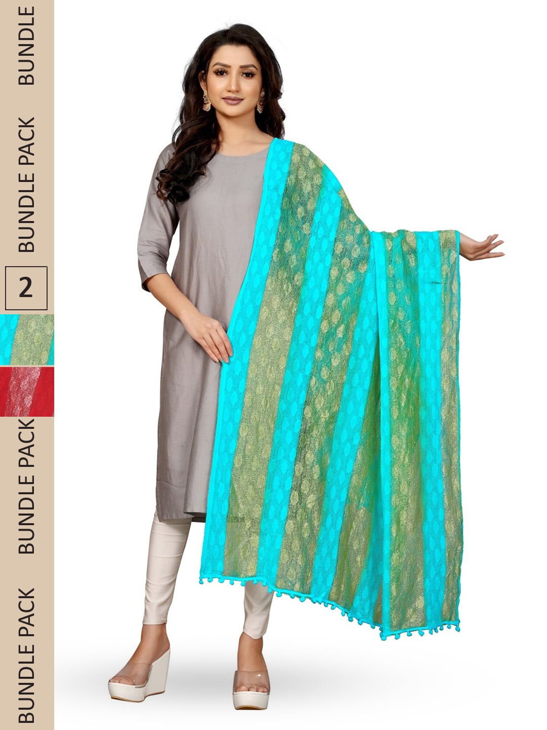 

APNISHA Pack Of 2 Woven Design Zari Net Dupatta, Turquoise blue