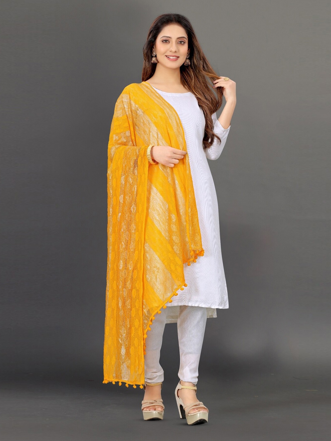 

APNISHA Striped Dupatta With Tasselled Border, Yellow