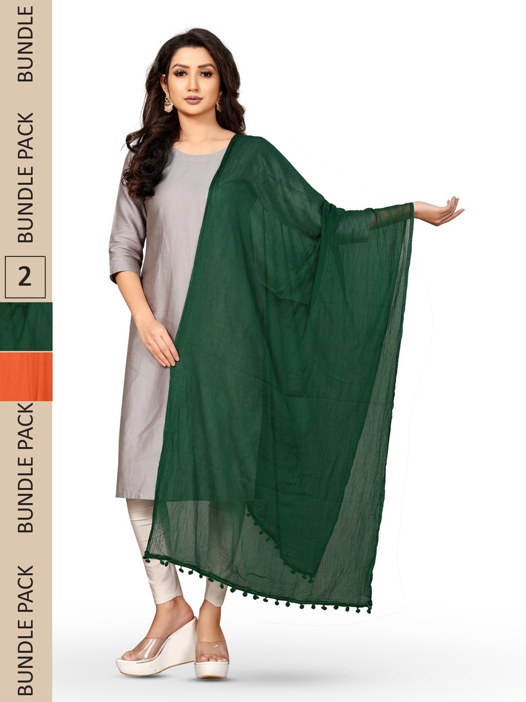 

APNISHA Pack Of 2 Solid Chiffon Dupatta With Pom Pom, Green