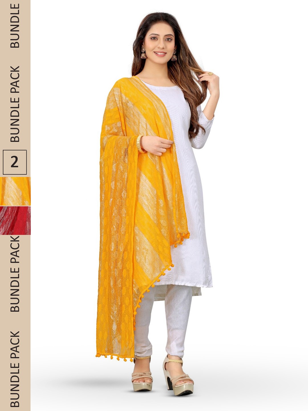 

APNISHA Pack Of 2 Striped Woven Design Dupatta, Red