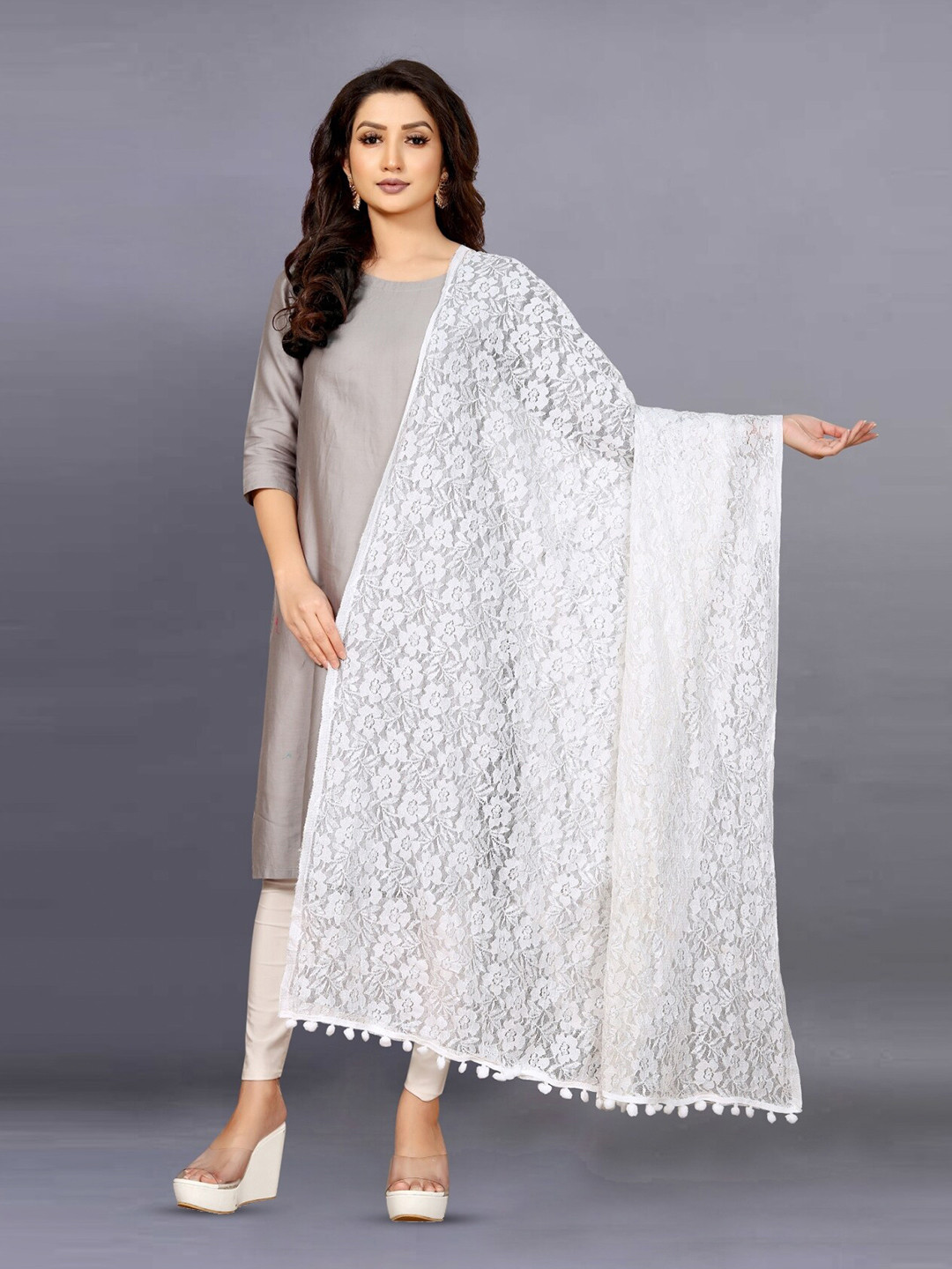 

APNISHA Floral Woven Design Dupatta, White