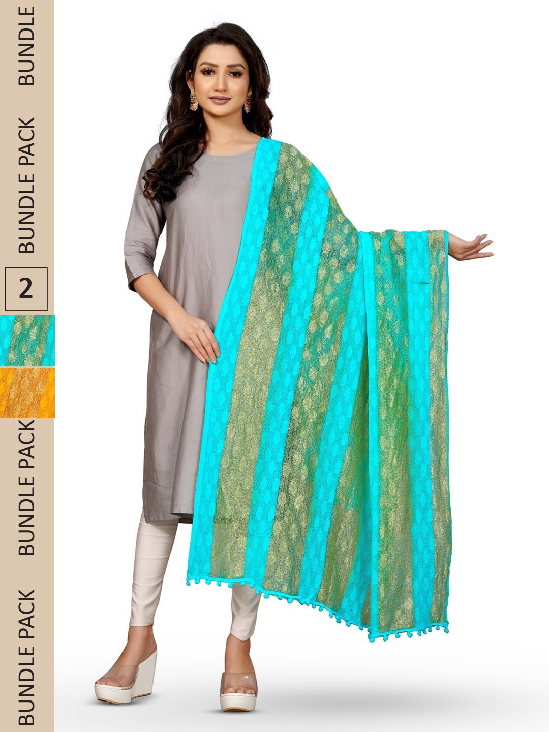 

APNISHA Pack Of 2 Striped Woven Design Dupatta, Turquoise blue