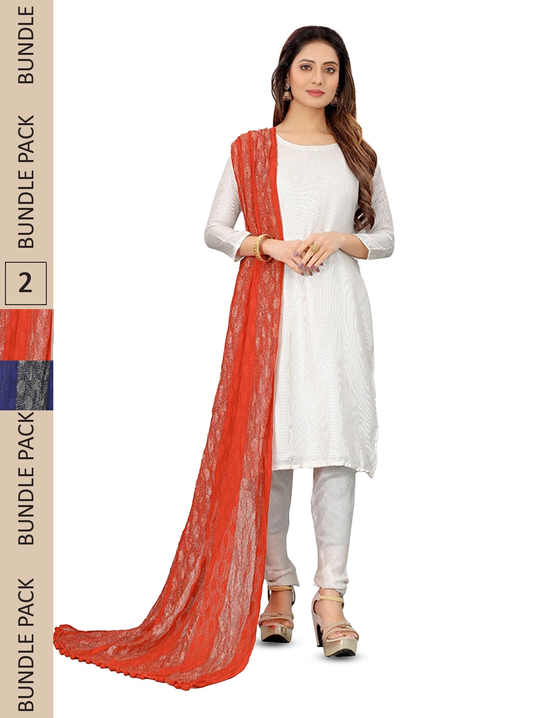 

APNISHA Pack Of 2 Striped Zari Dupatta, Orange