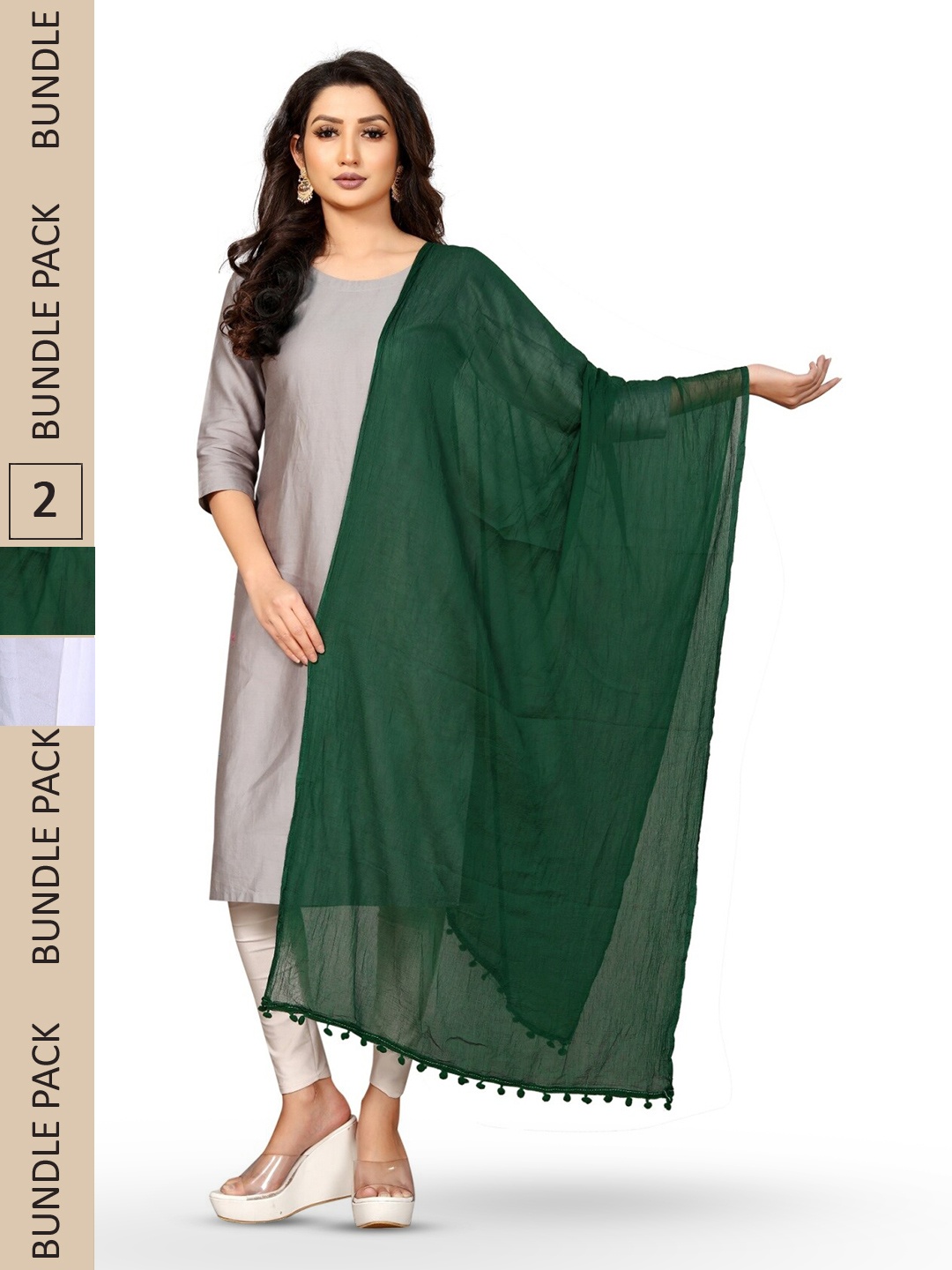 

APNISHA Pack Of 2 Solid Chiffon Dupatta With Pom Pom, White