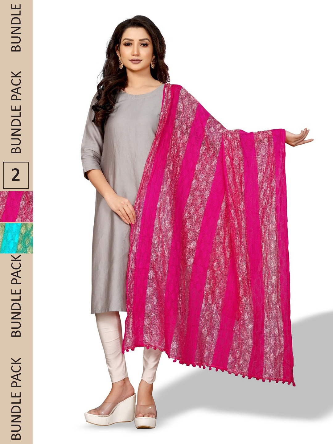 

APNISHA Pack Of 2 Striped Tasselled Boarder Dupatta, Turquoise blue
