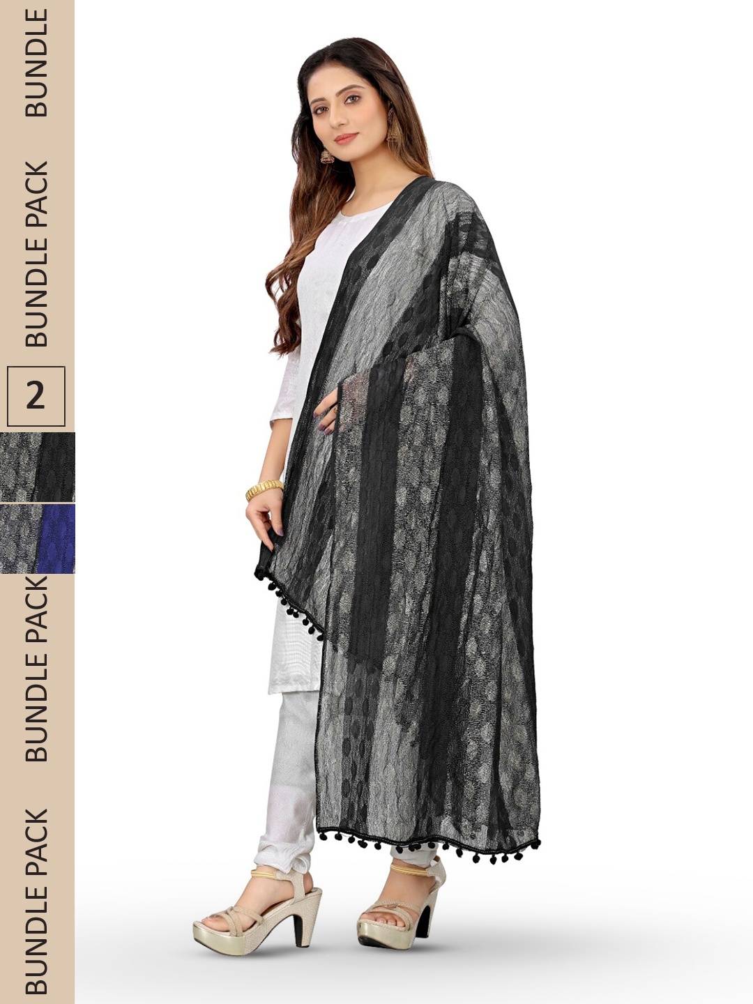 

APNISHA Pack Of 2 Striped Woven Design Dupatta, Blue