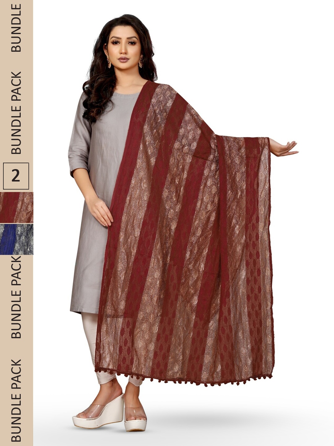 

APNISHA Pack Of 2 Zari Striped Dupatta, Maroon
