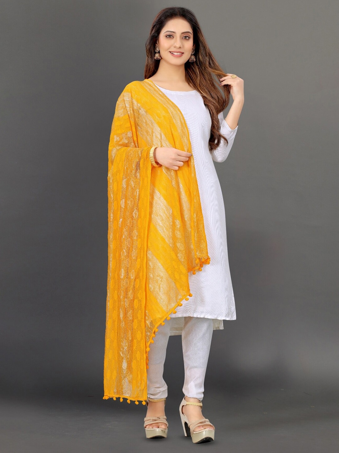 

APNISHA Striped Dupatta With Tasselled Border, Yellow