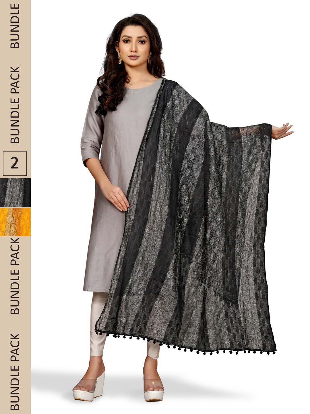 

APNISHA Pack Of 2 Striped Tasselled Boarder Dupatta With Zari, Black
