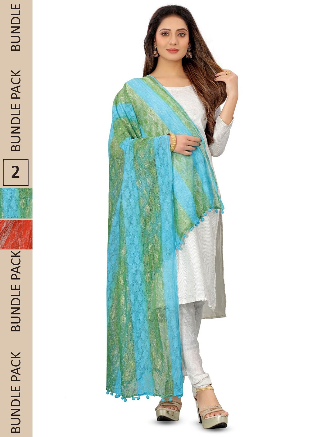 

APNISHA Pack Of 2 Striped Woven Design Dupatta, Orange
