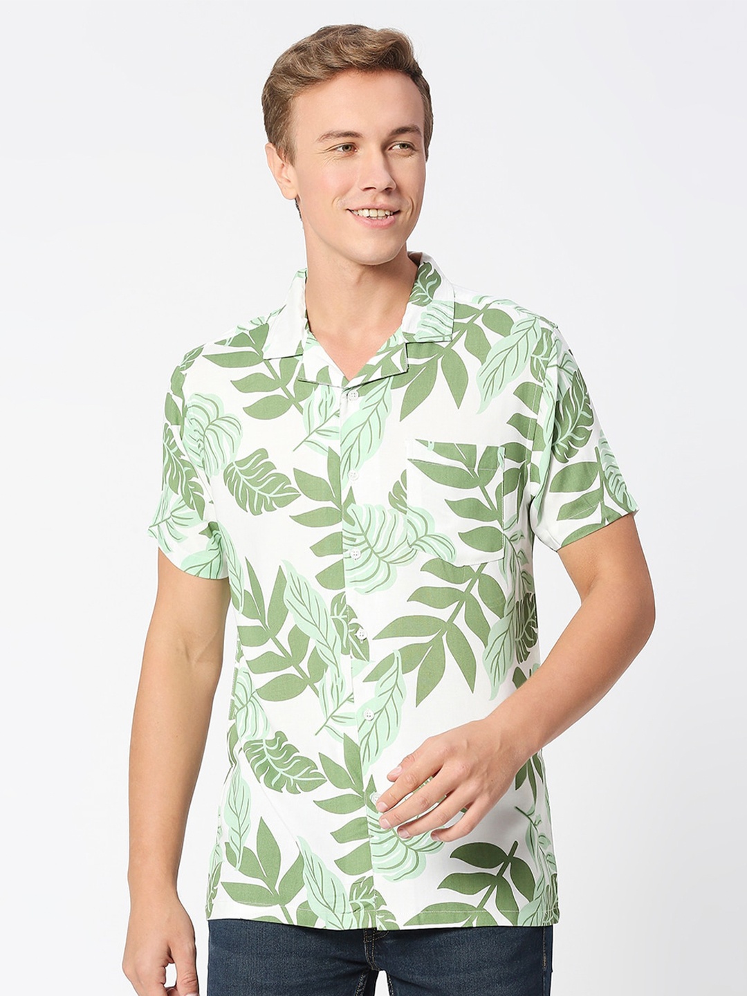 

MOD ECRU Floral Printed Spread Collar Casual Shirt, White