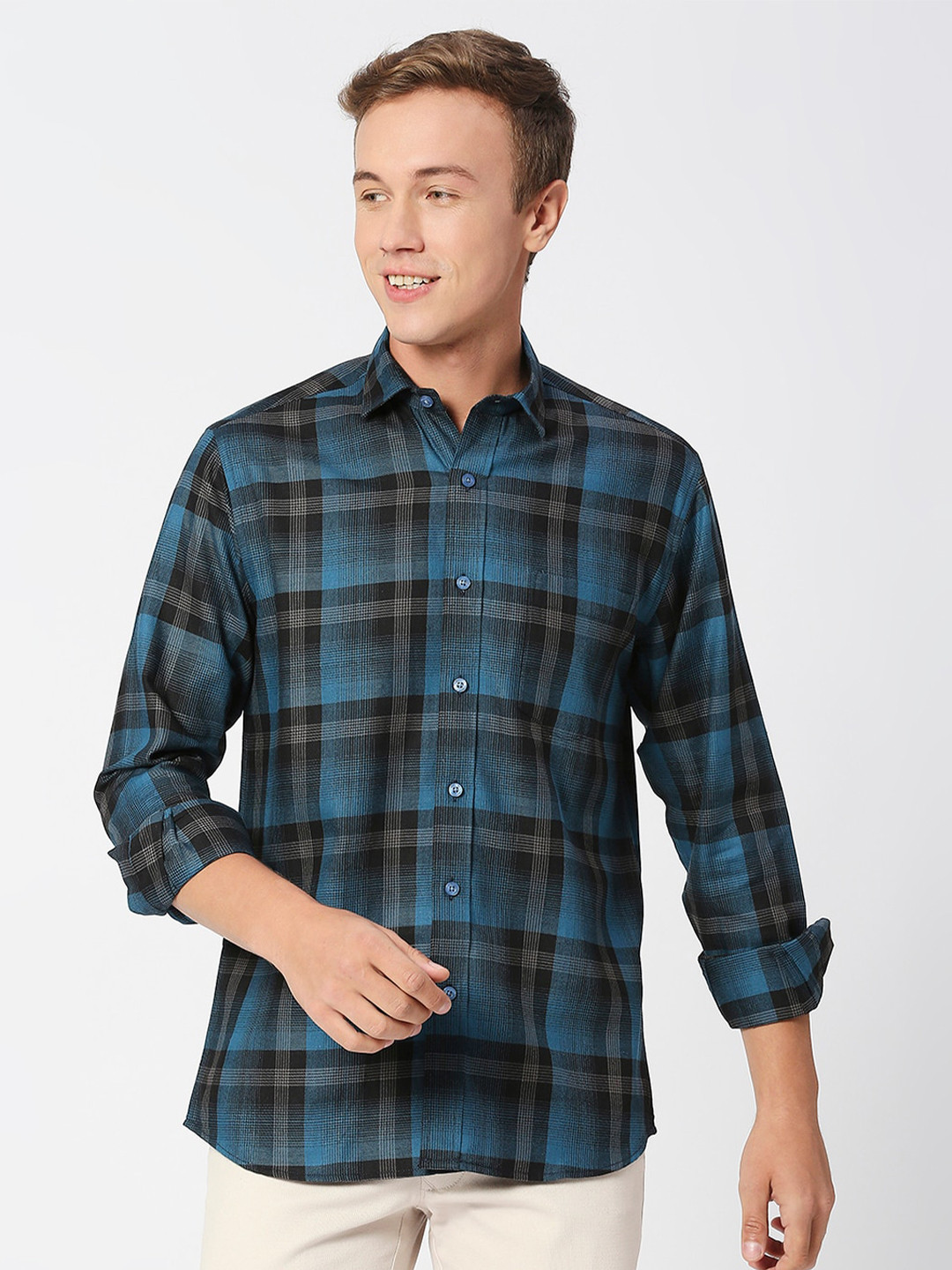

MOD ECRU Men Blue Tartan Checks Pure Cotton Shirt, Navy blue