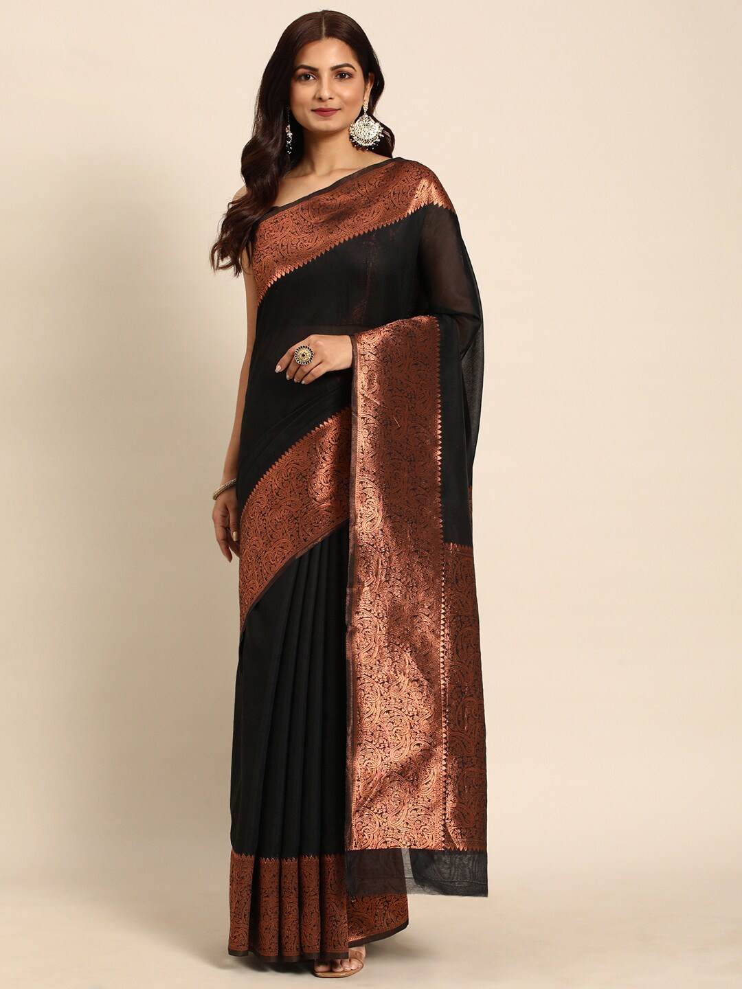 

all about you Black & Copper-Toned Zari Silk Blend Banarasi Saree