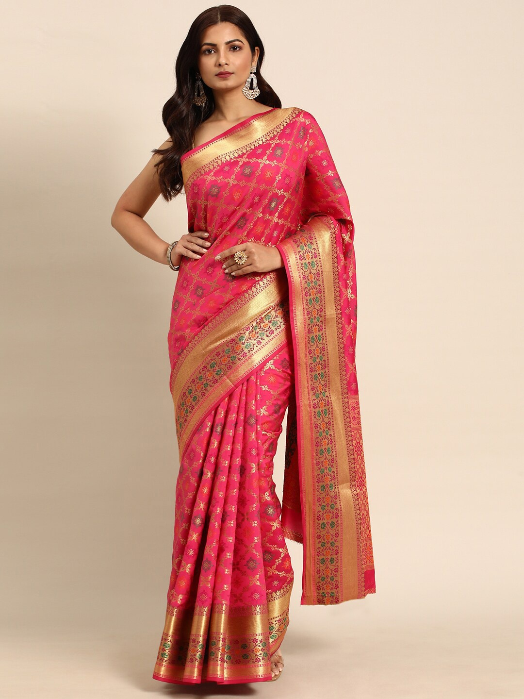 

all about you Pink & Gold-Toned Ethnic Woven Design Zari Banarasi Saree
