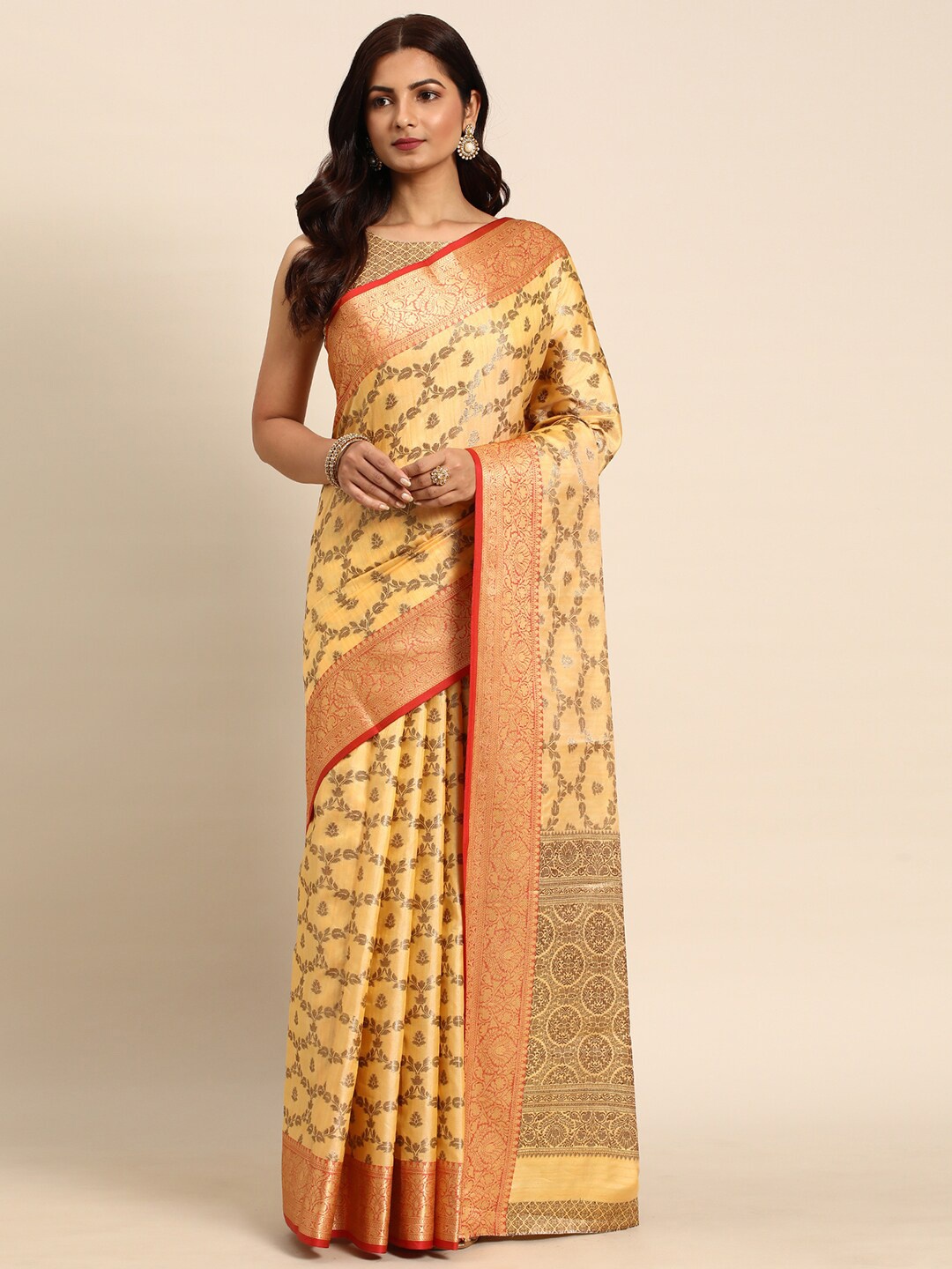 

all about you Yellow & Gold-Toned Ethnic Woven Design Zari Banarasi Saree
