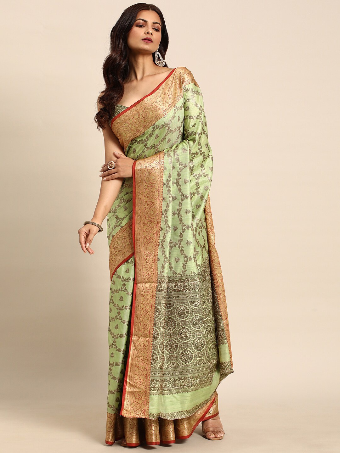 

all about you Green & Red Woven Ethnic Design Zari Banarasi Saree