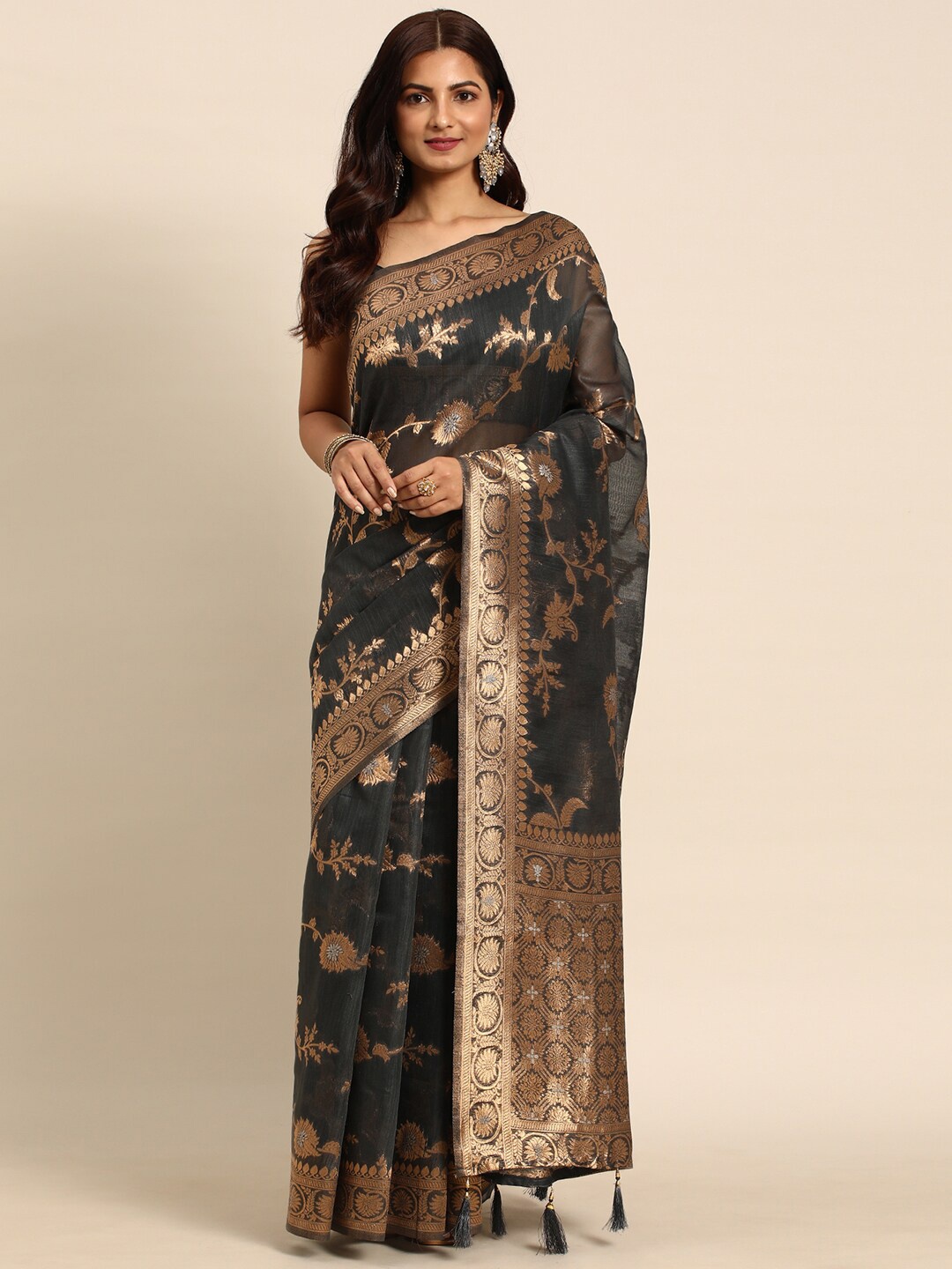 

all about you Grey & Gold-Toned Floral Woven Design Zari Organza Banarasi Saree