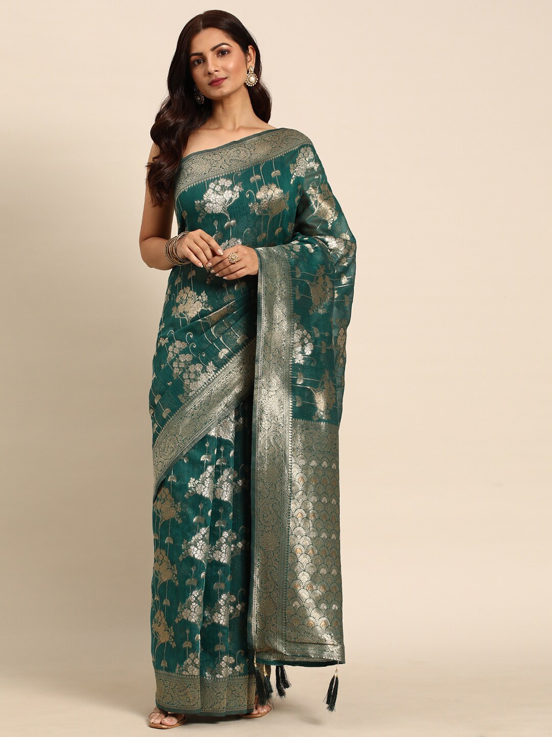 

all about you Green & Gold-Toned Floral Woven Design Zari Organza Banarasi Saree