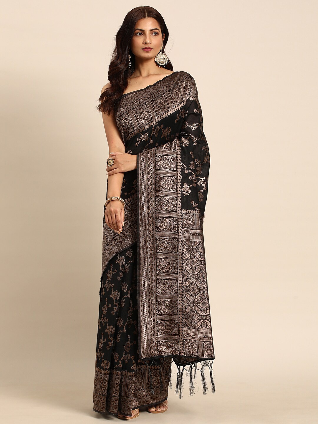 

all about you Black & Gold-Toned Floral Woven Design Zari Banarasi Saree