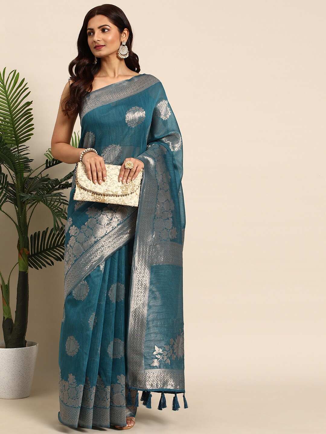 

all about you Teal & Silver-Toned Ethnic Woven Design Zari Organza Banarasi Saree