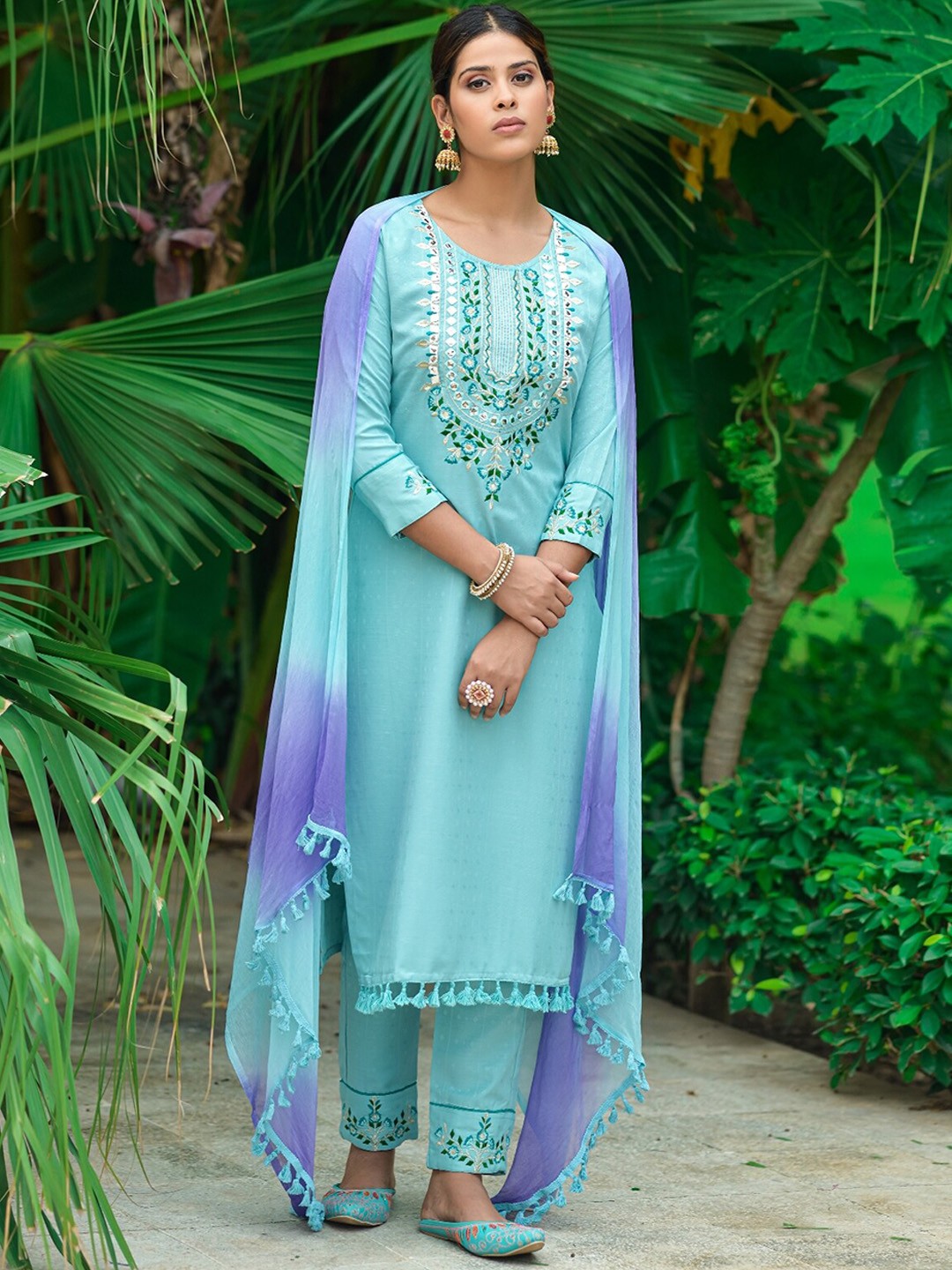 

KALINI Floral Yoke Design Thread Work Kurta with Trousers & With Dupatta, Blue