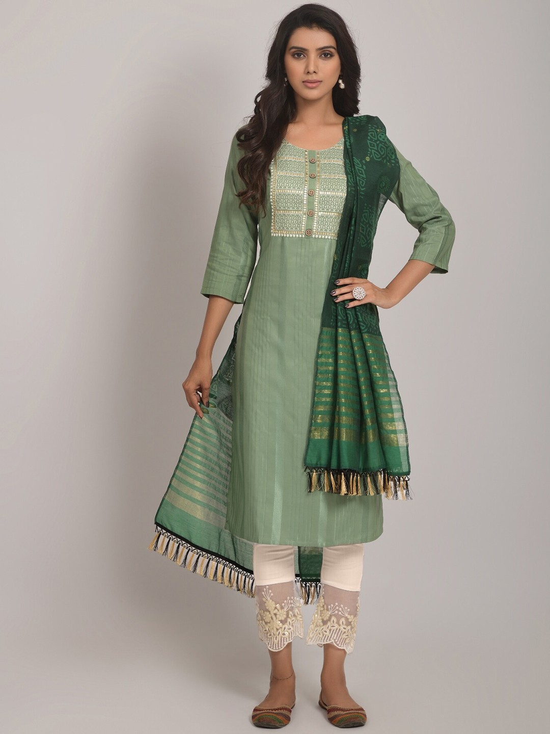 

KALINI Ethnic Motifs Yoke Design Sequinned Kurta with Trousers & With Dupatta, Green