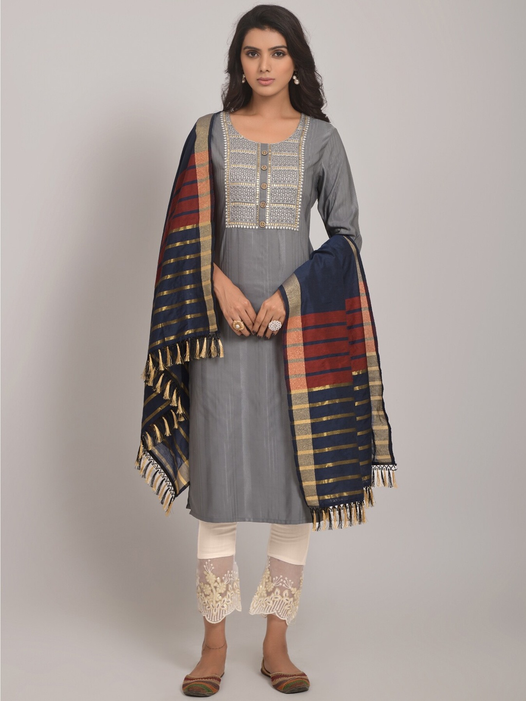 

KALINI Ethnic Motifs Embroidered Sequined Kurta with Trousers & Dupatta, Grey