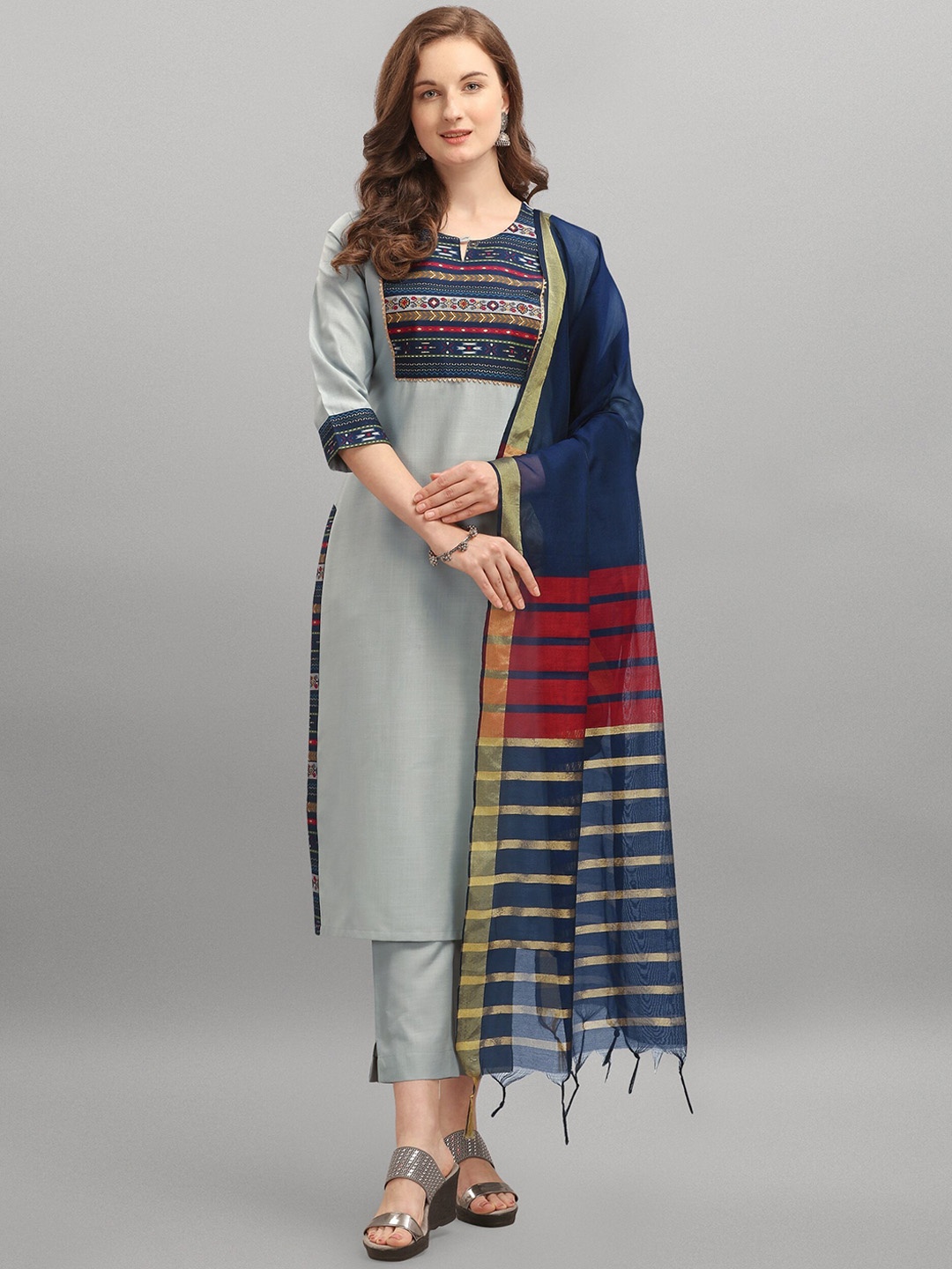 

KALINI Ethnic Motifs Printed Gotta Patti Kurta with Trousers & Dupatta, Grey