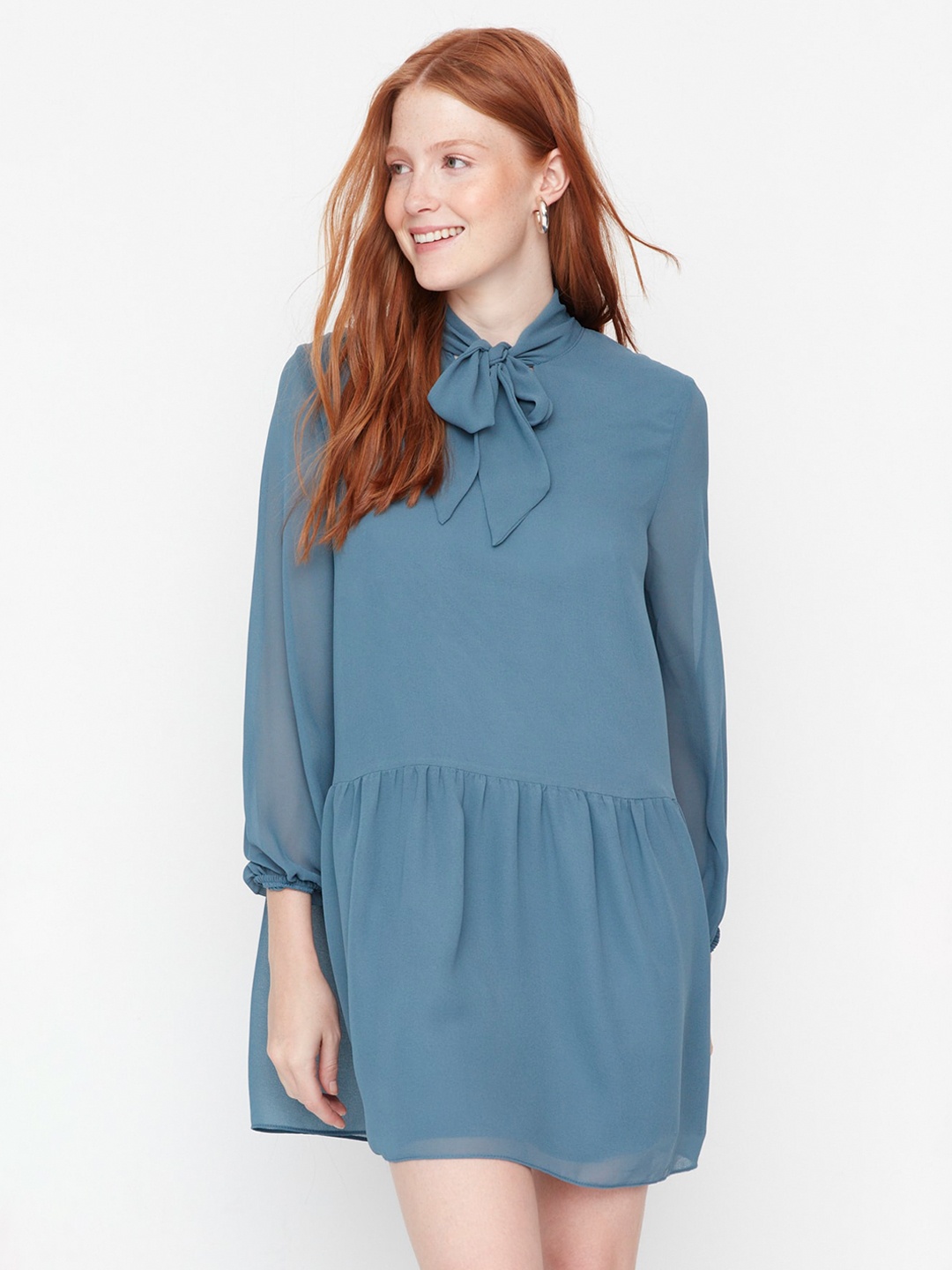 

Trendyol Tie-Up Neck Puff Sleeve A-Line Dress, Blue