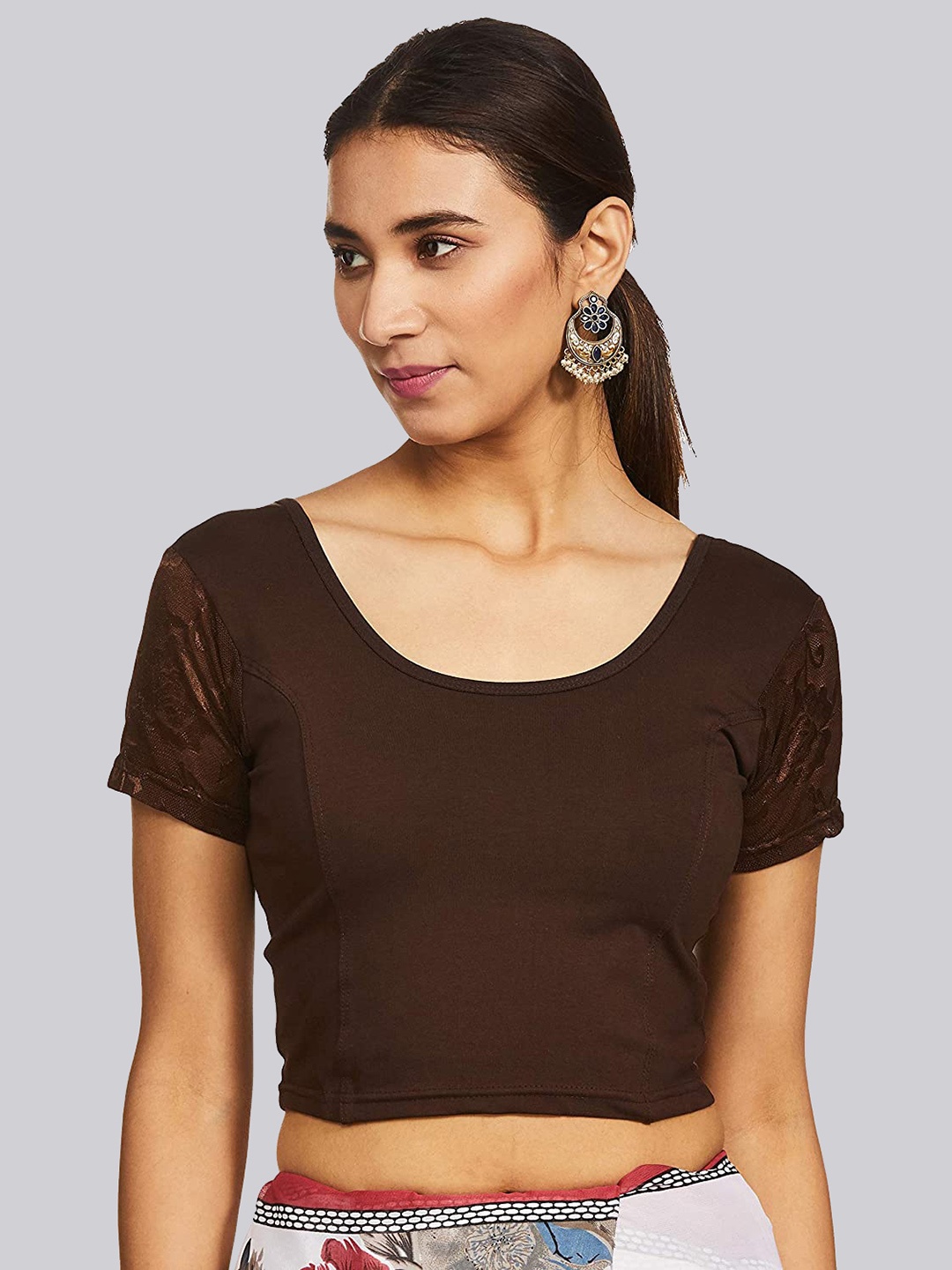 

Fressia Fabrics Round Neck Saree Blouse, Brown