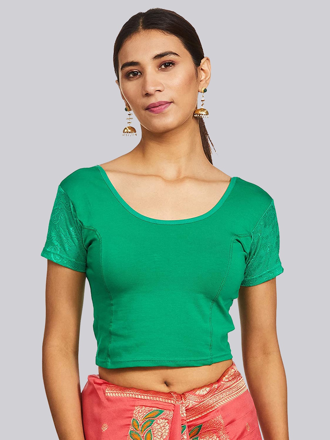 

Fressia Fabrics Round Neck Saree Blouse, Green