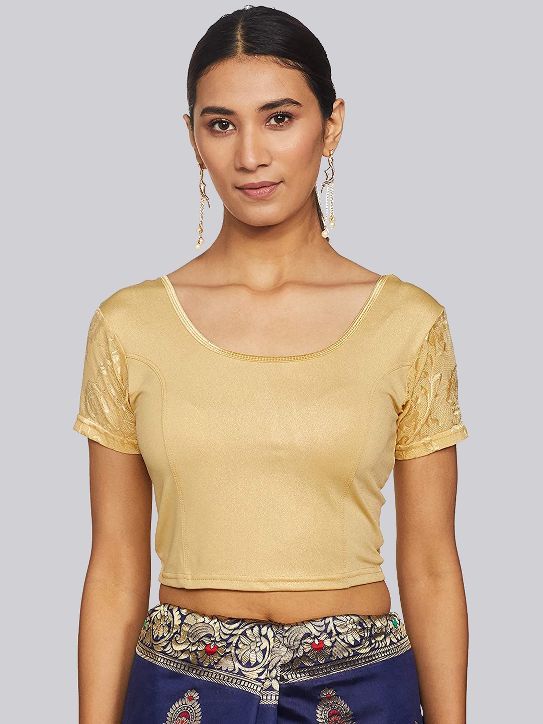 

Fressia Fabrics Round Neck Saree Blouse, Gold