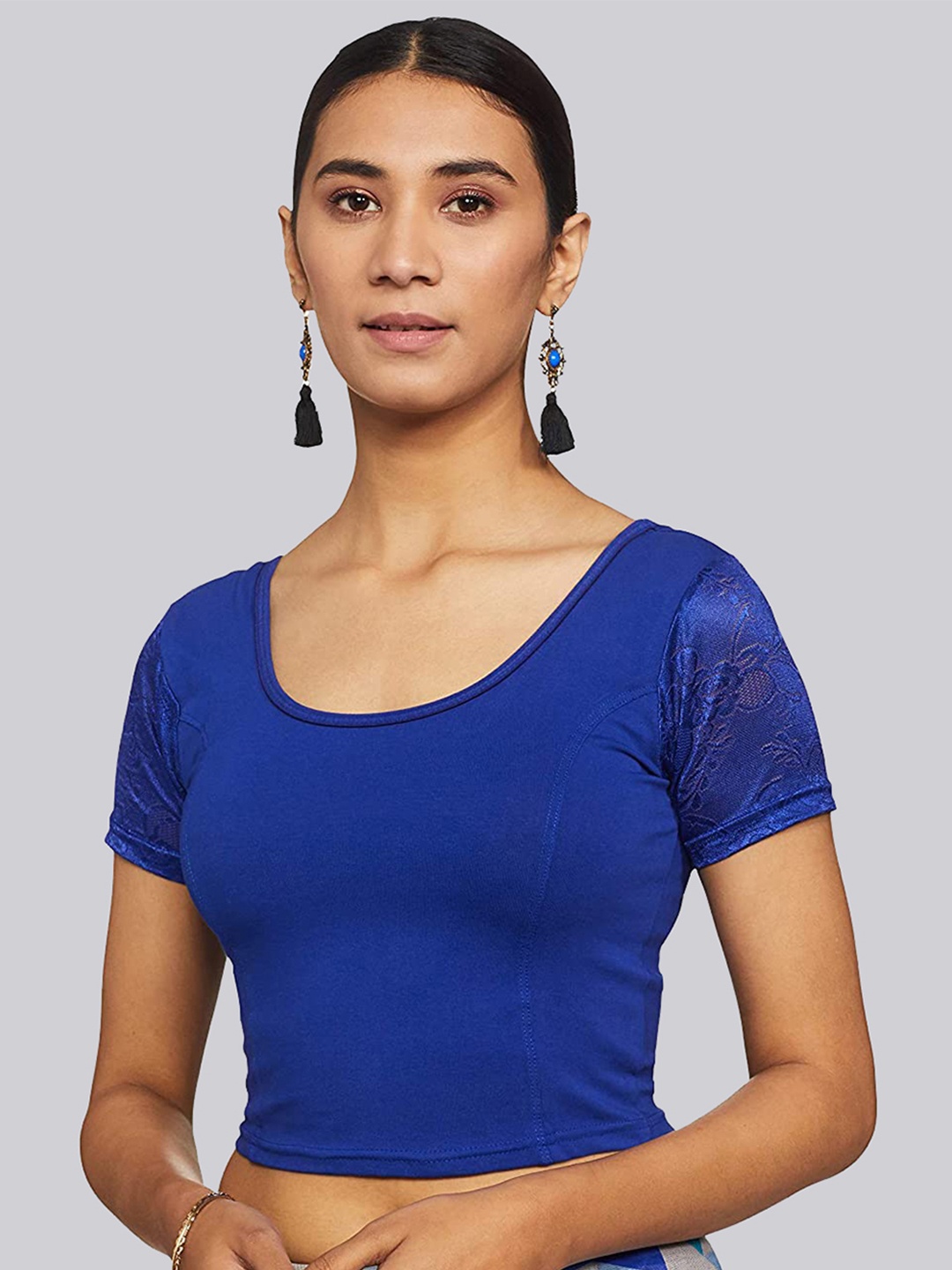 

Fressia Fabrics Round Neck Saree Blouse, Blue