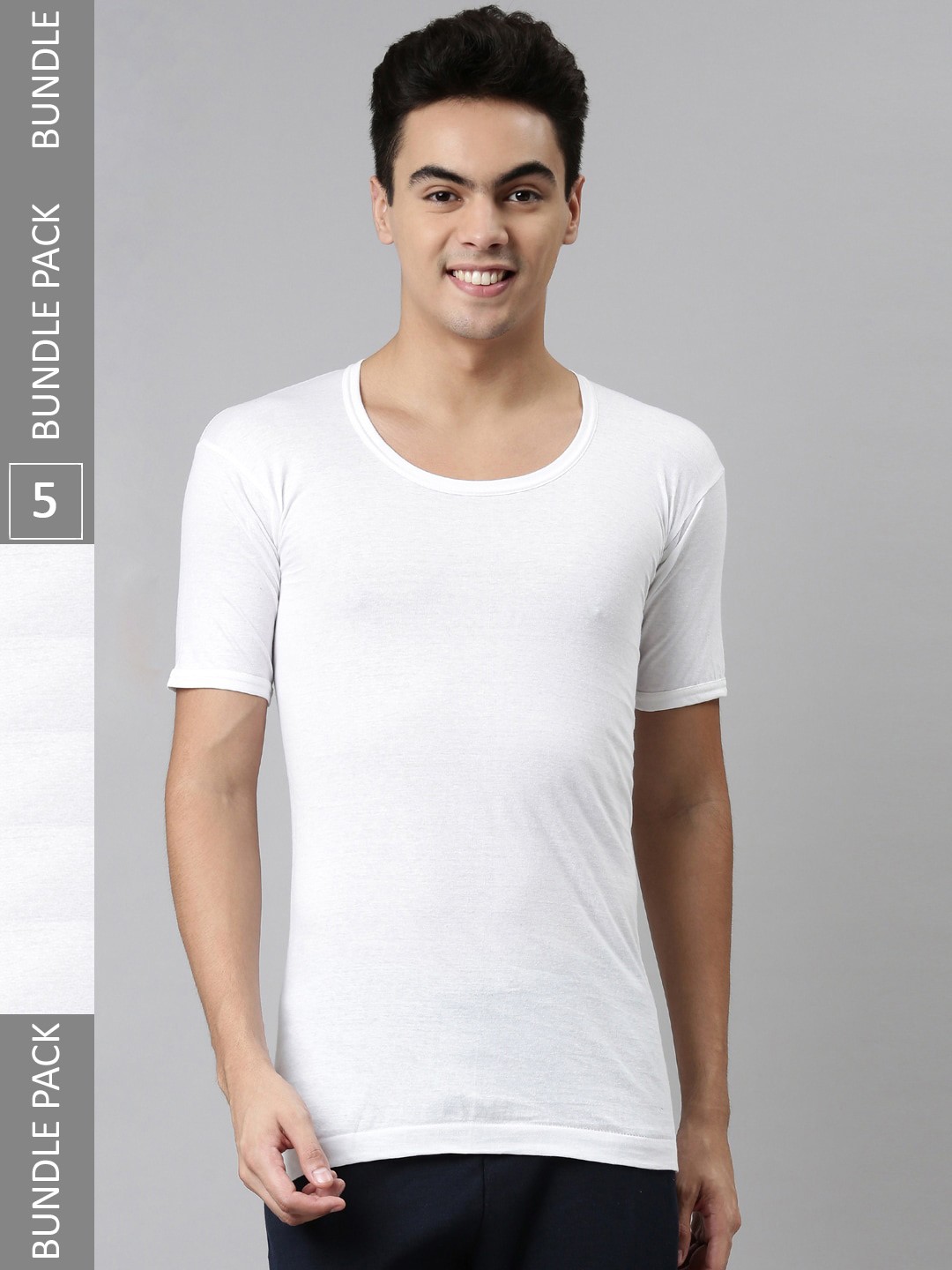 

DIXCY JOSH Men's Pack of 5 Solid Short Sleeve Round Neck Breathable Fabric Vest, White