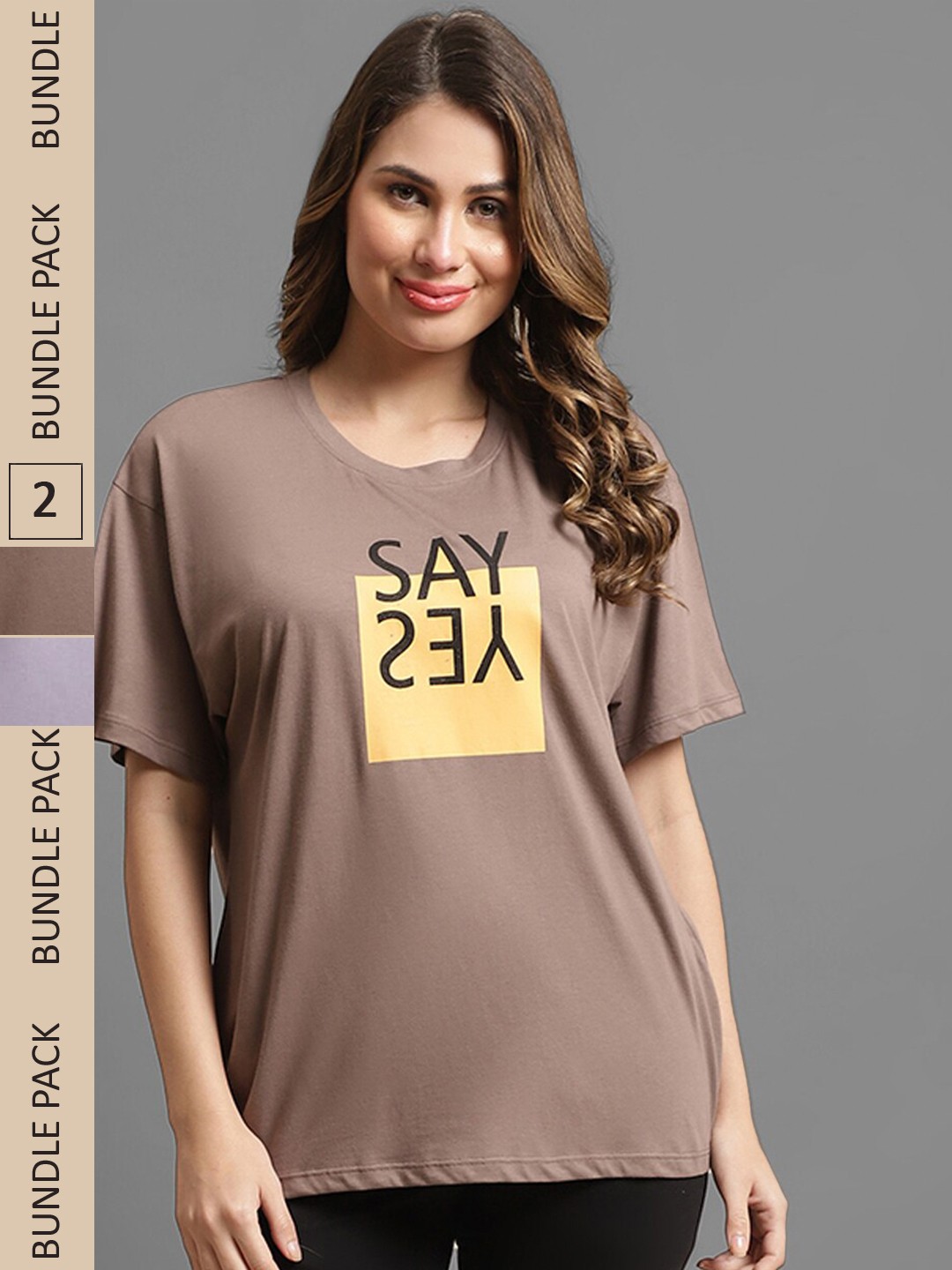 

Kanvin Violet & Beige Pack Of 2 Typography Printed Cotton Modal Loose T-shirt