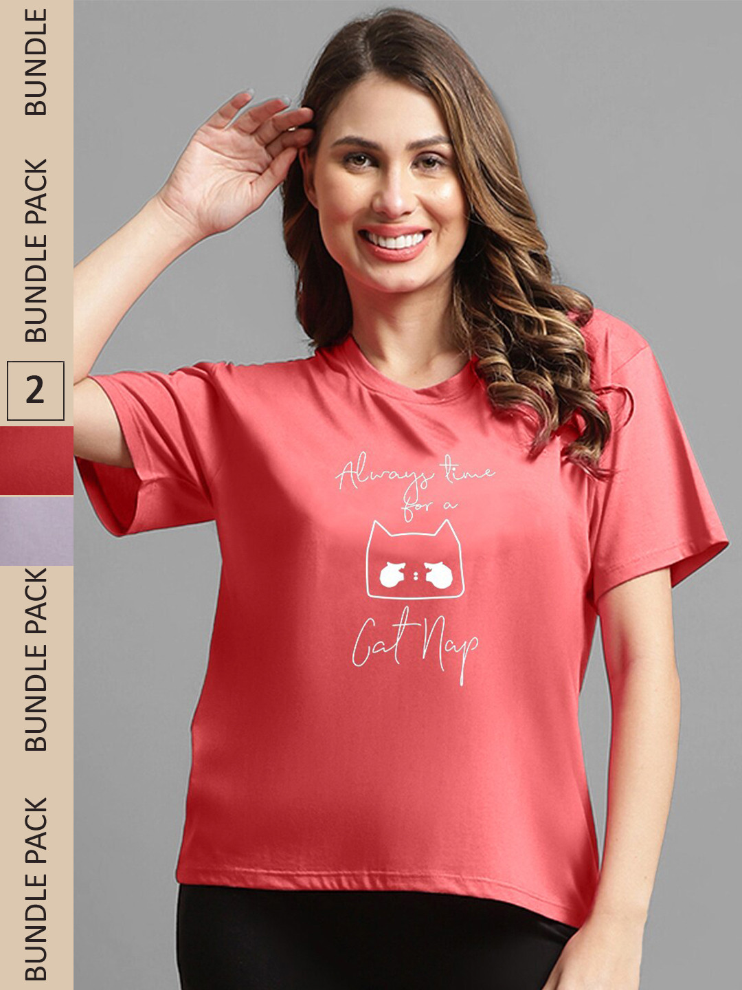 

Kanvin Pack Of 2 Pink & Violet Printed Drop-Shoulder Sleeves Casual Cotton T-shirts