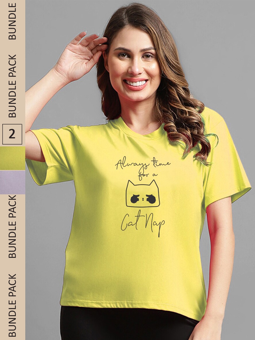 

Kanvin Yellow & Lavender Pack Of 2 Typography Printed Loose T-shirt